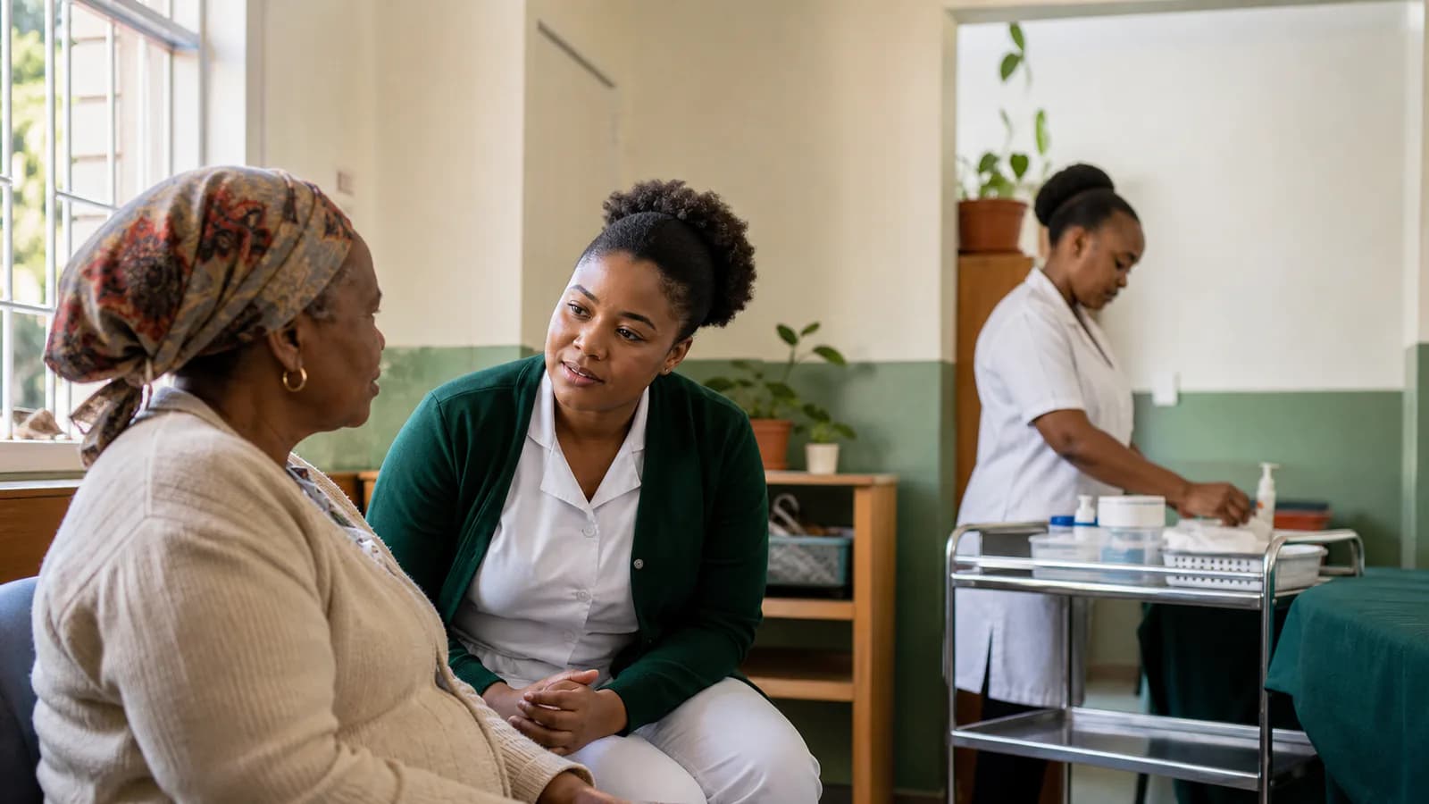 Healthcare support worker listening to an older patient in a community clinic