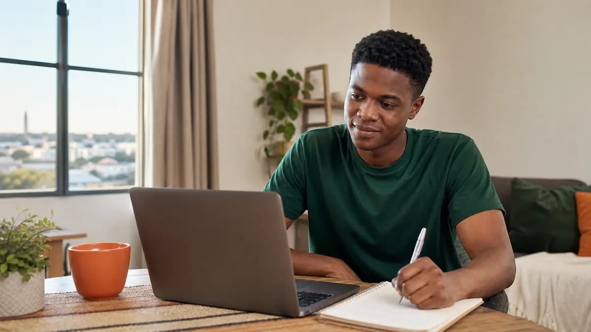 Young job seeker preparing a CV with a laptop and notebook at home