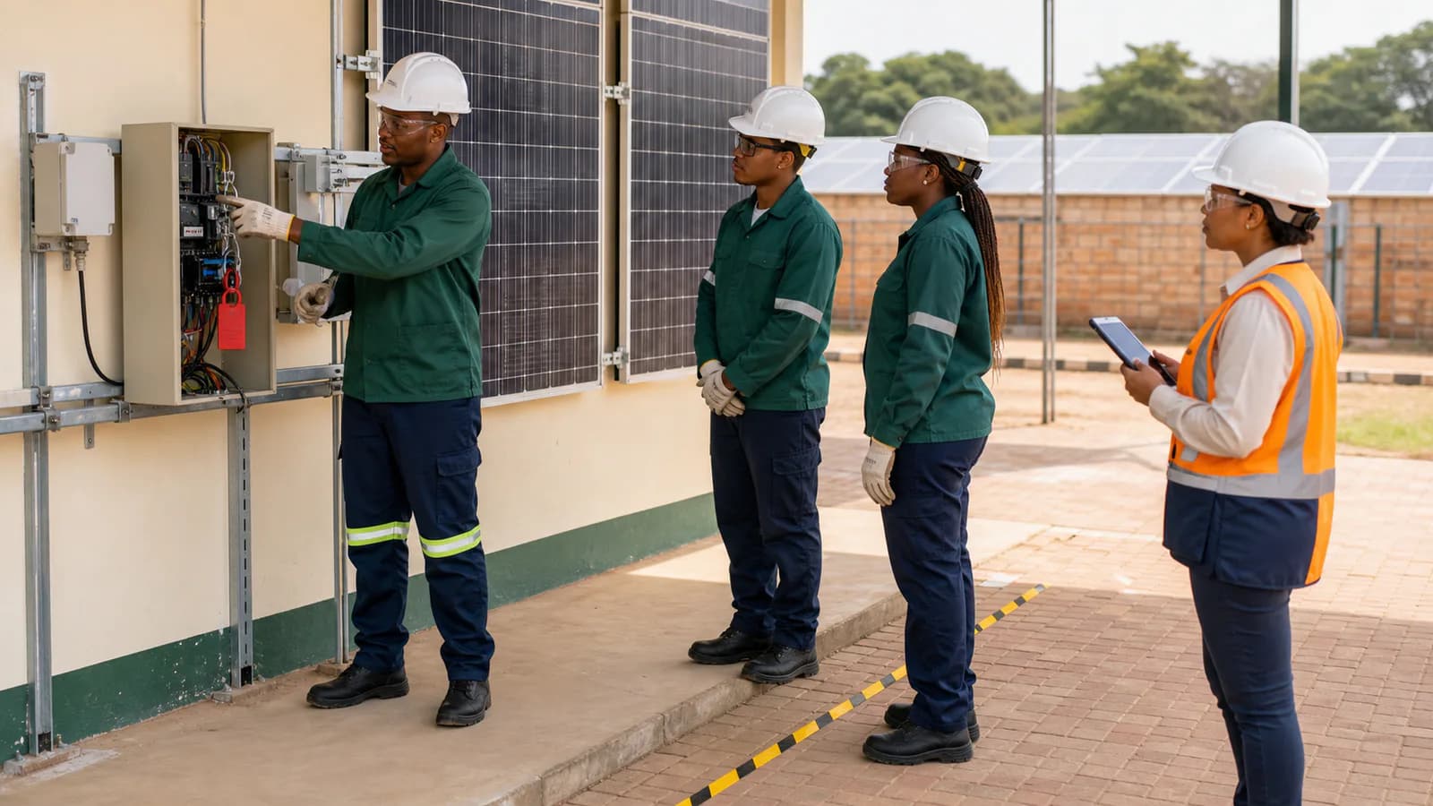Instructor and trainees examining an isolated solar training panel in full safety gear