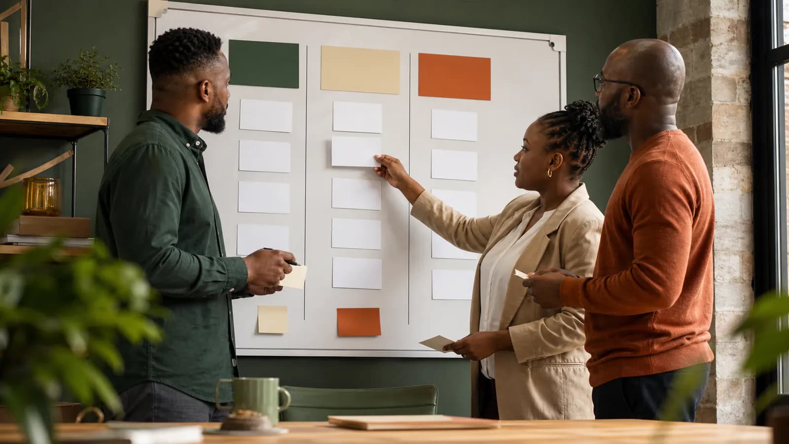 Hiring manager, recruiter and team expert sorting blank role criteria on a board
