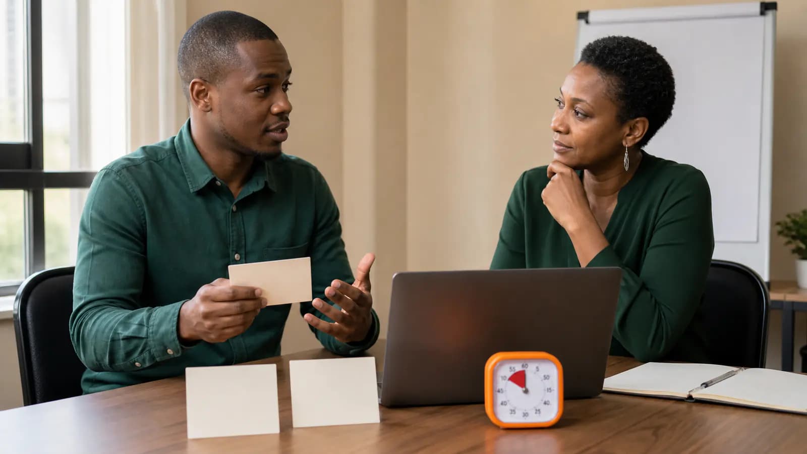 Job seeker and coach practising a concise answer with blank cards and a timer