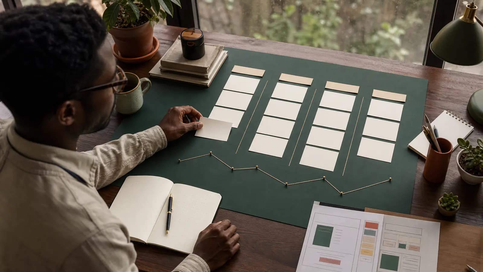 Job seeker moving a blank application card across an organised tracking board