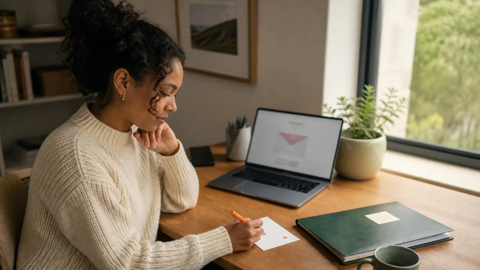 Job seeker planning one next step at a desk beside a laptop and application folder