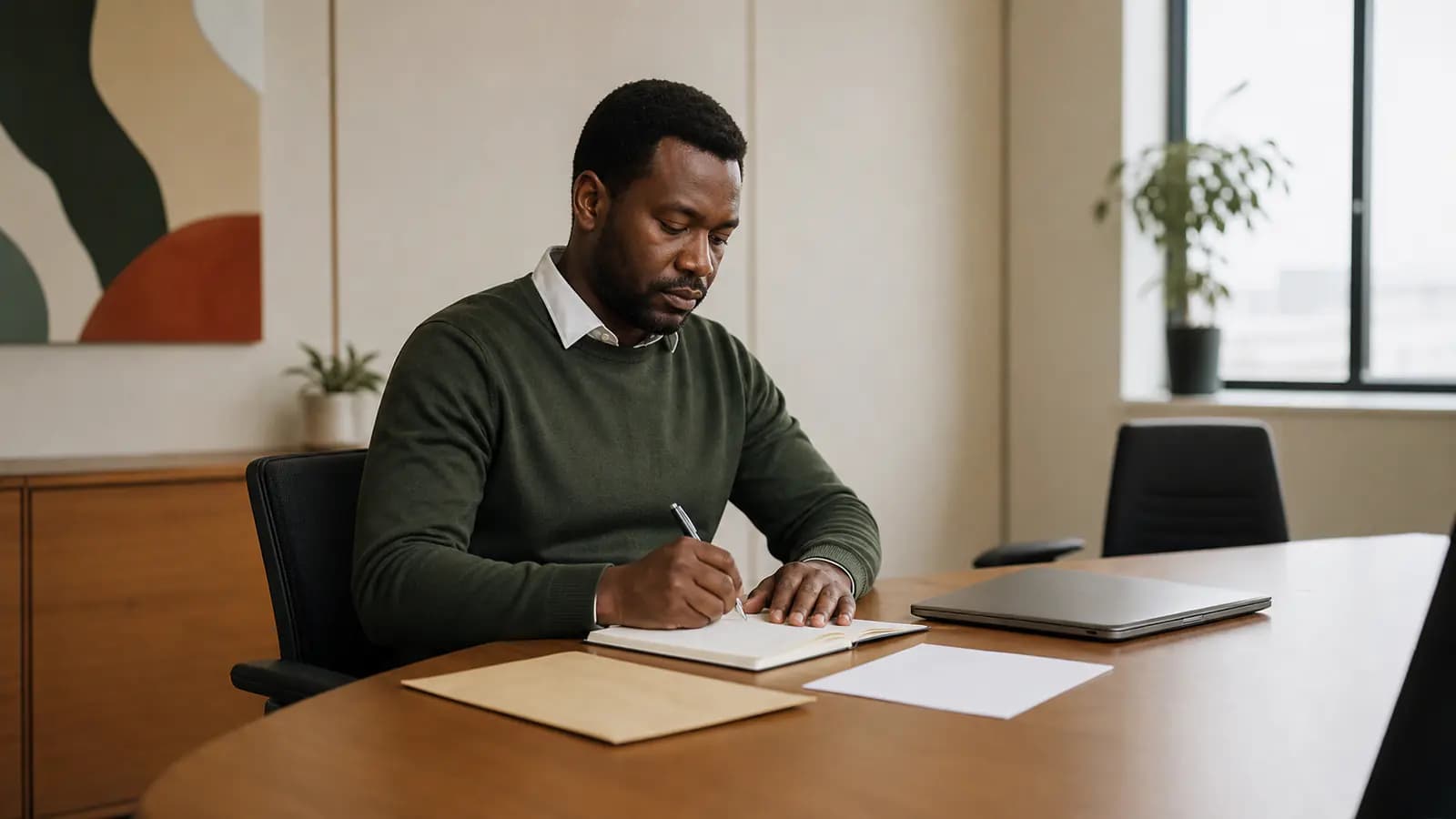 Worker writing notes alone in a quiet meeting room beside a closed laptop and envelope