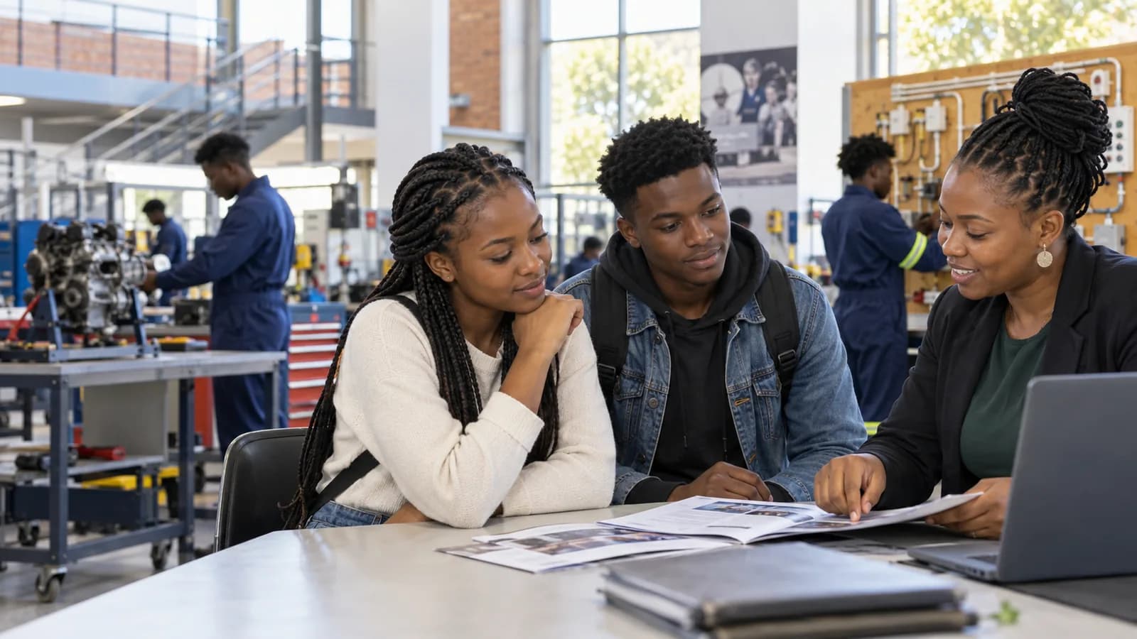 Prospective South African TVET students reviewing programme options with a college adviser