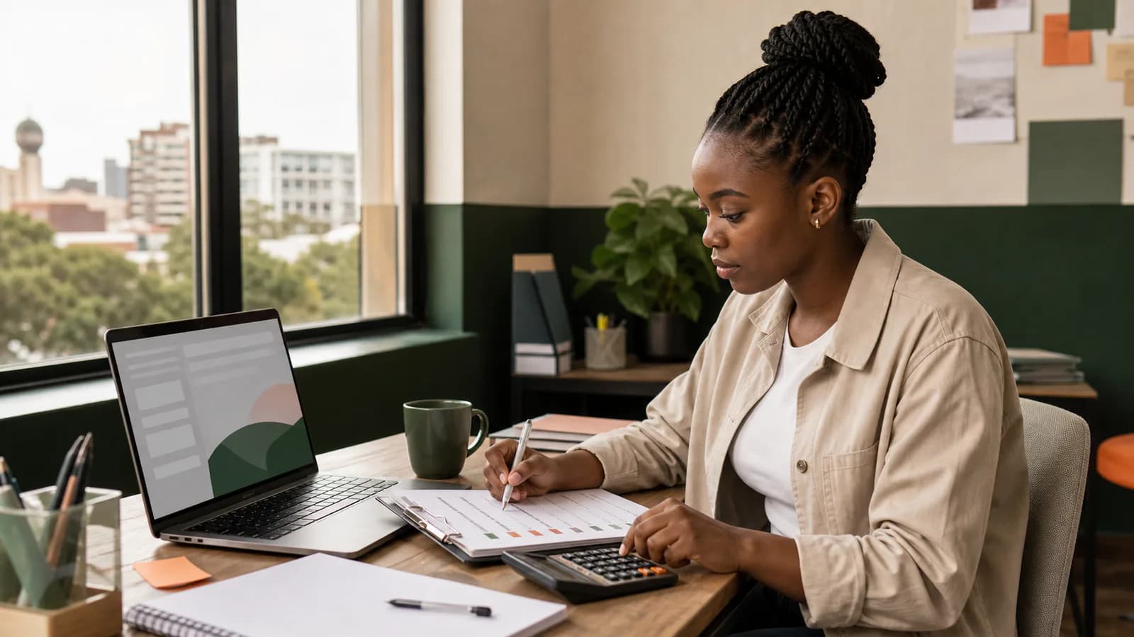 Professional comparing figures on a laptop with a printed worksheet and calculator