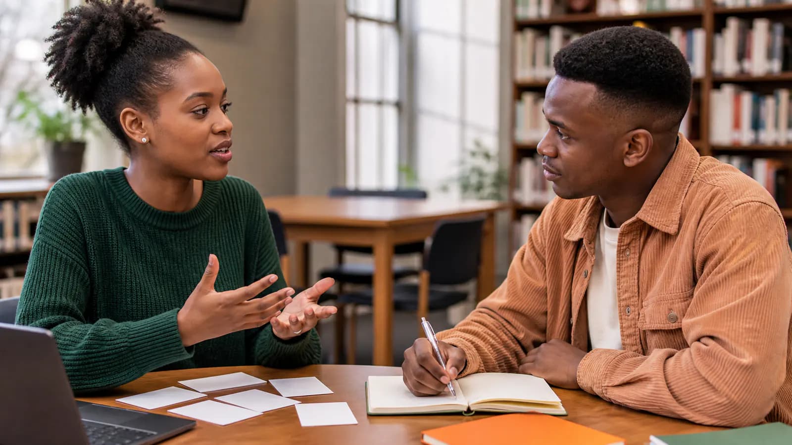 Two people practising an interview conversation beside blank prompt cards in a library