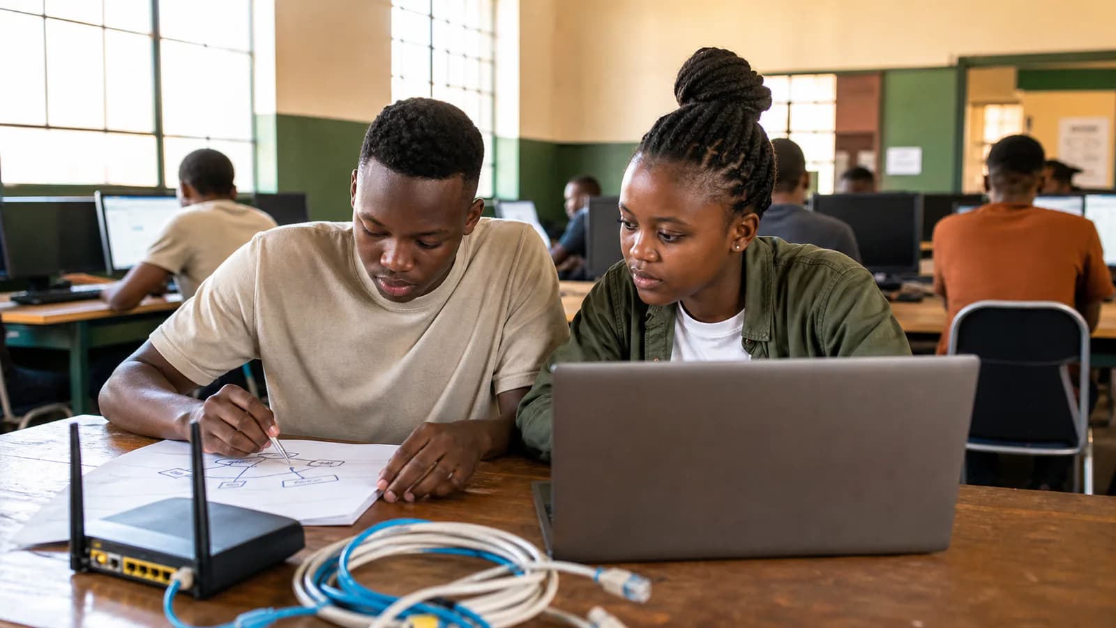 Two learners drawing a network diagram beside a laptop and router in a computer lab