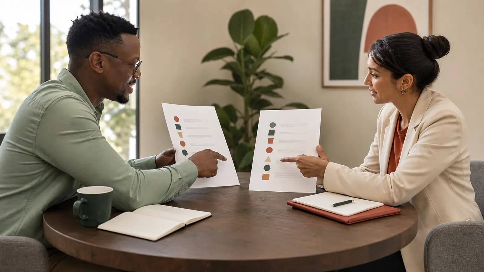 Candidate and employer comparing two package sheets represented by abstract shapes