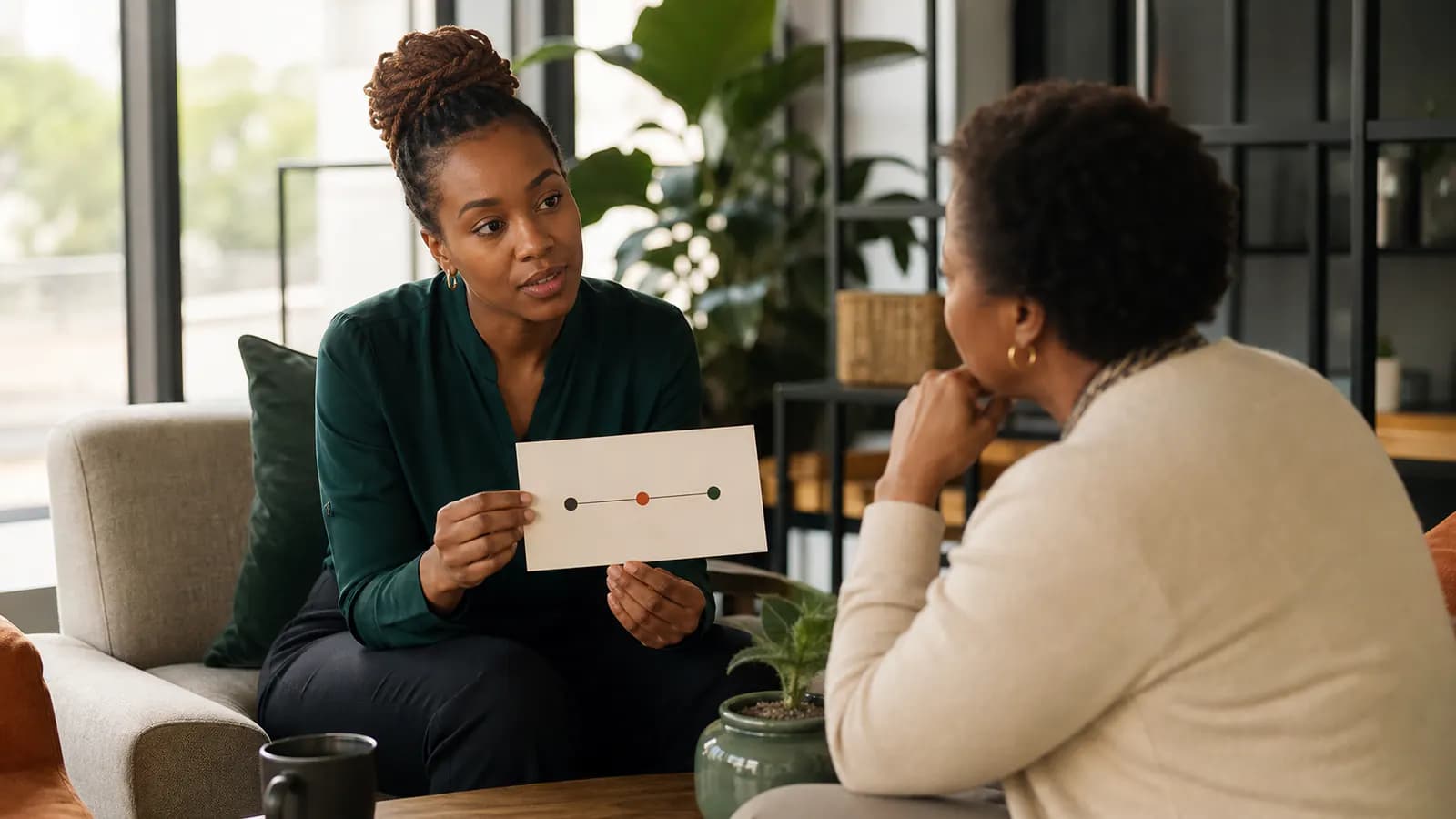 Professional rehearsing a simple three-point career timeline with a mentor