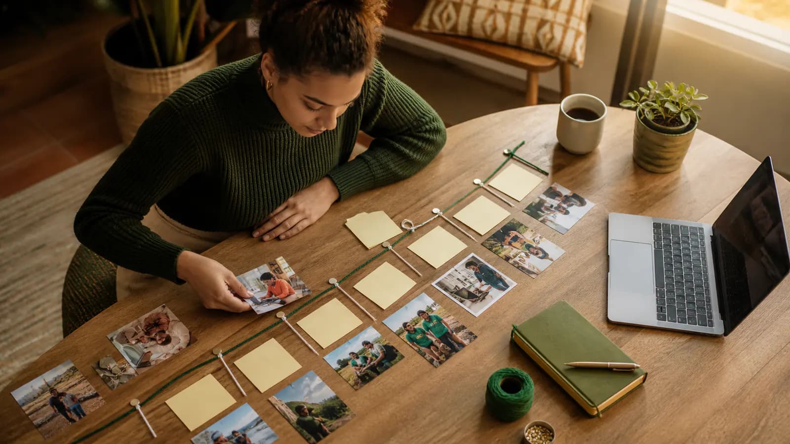 Professional arranging photographs and blank notes along a tabletop timeline