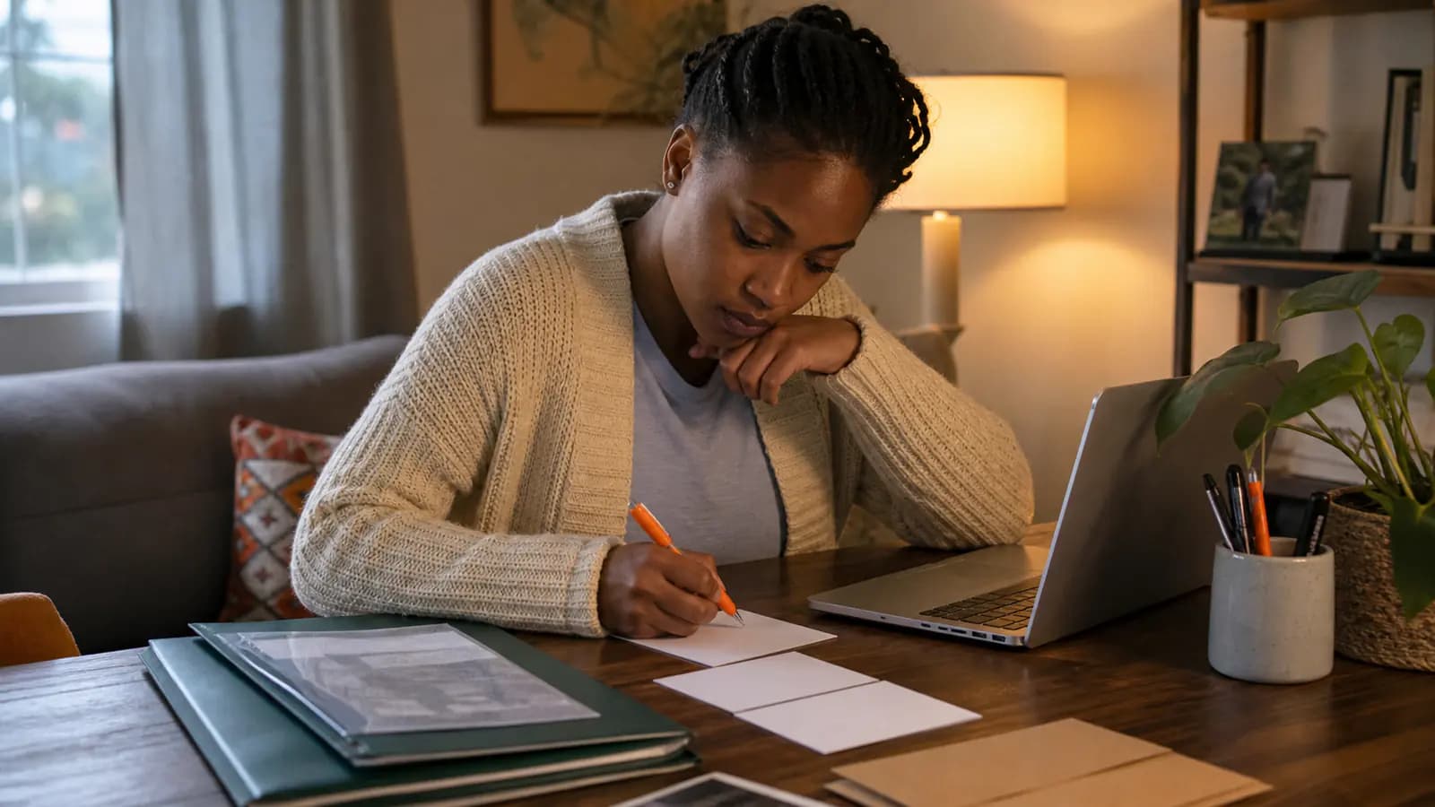Job seeker drafting a short application beside four blank cards and a laptop