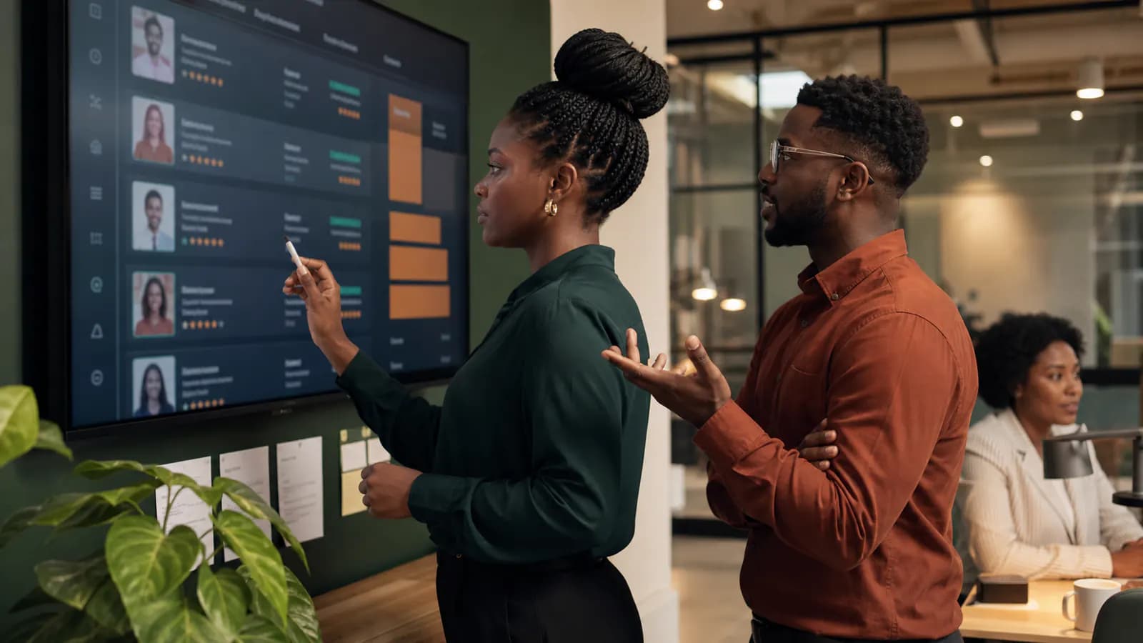 Recruiters reviewing abstract candidate rankings together on a large screen