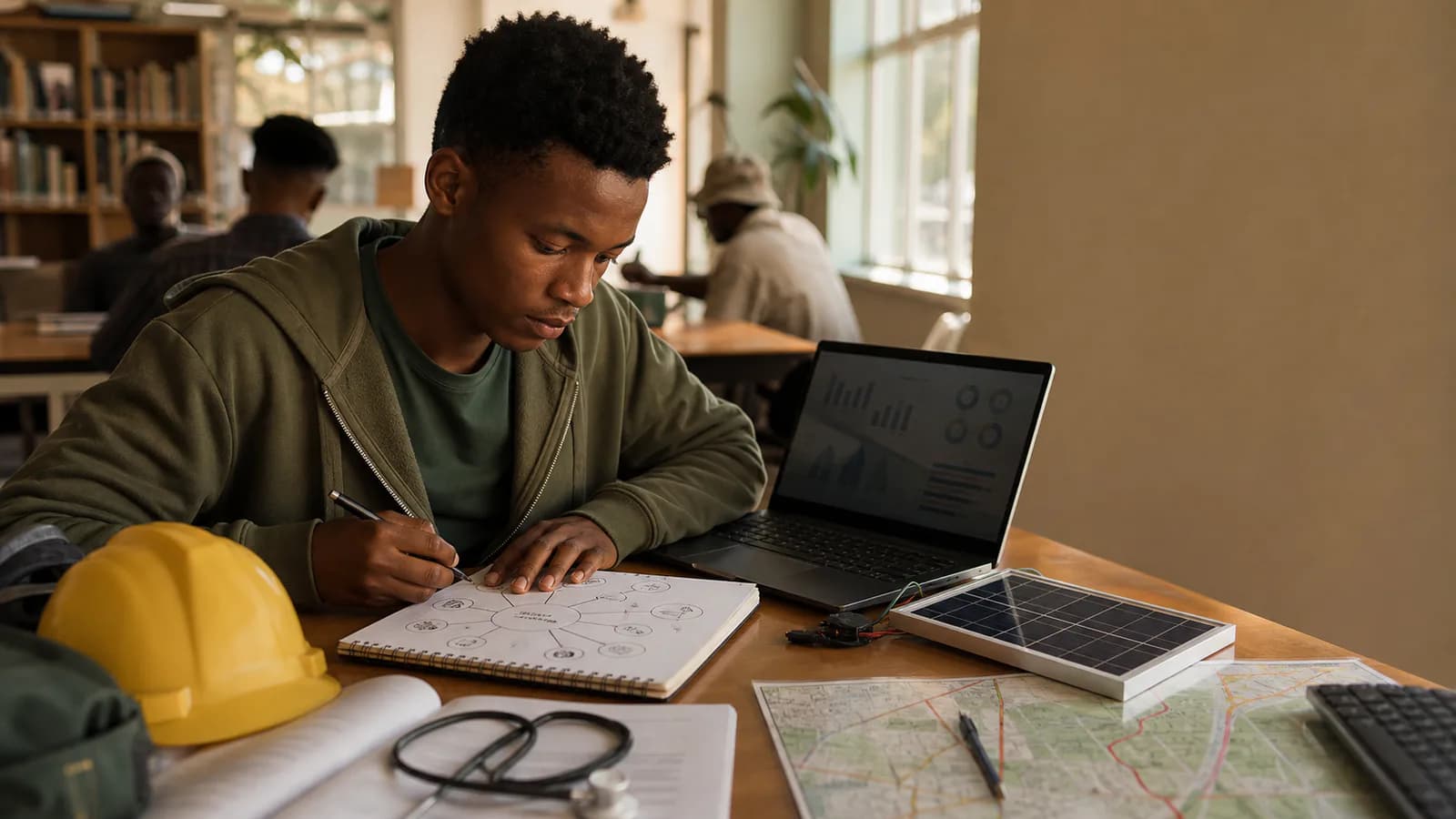Young job seeker mapping career options beside a laptop, solar panel and safety helmet