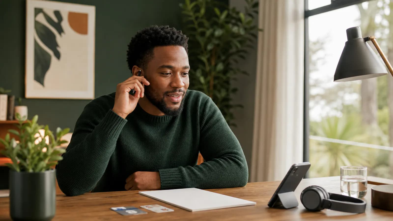 Prepared candidate taking a recruiter phone call at a quiet home desk