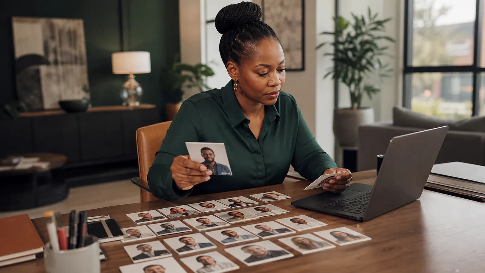 Recruiter selecting a small set of relevant professional profile cards