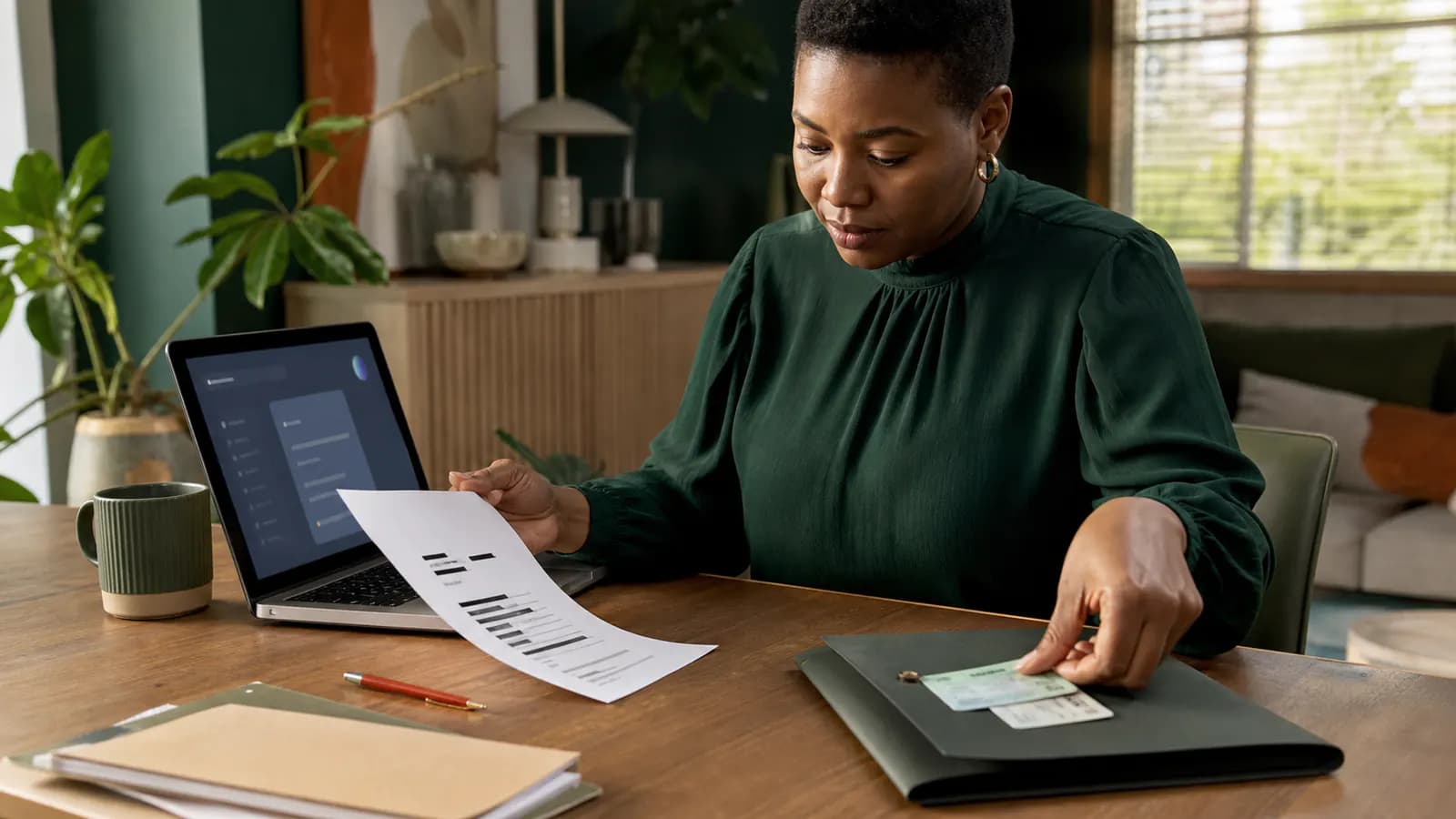Job seeker checking a redacted application beside an abstract AI assistant