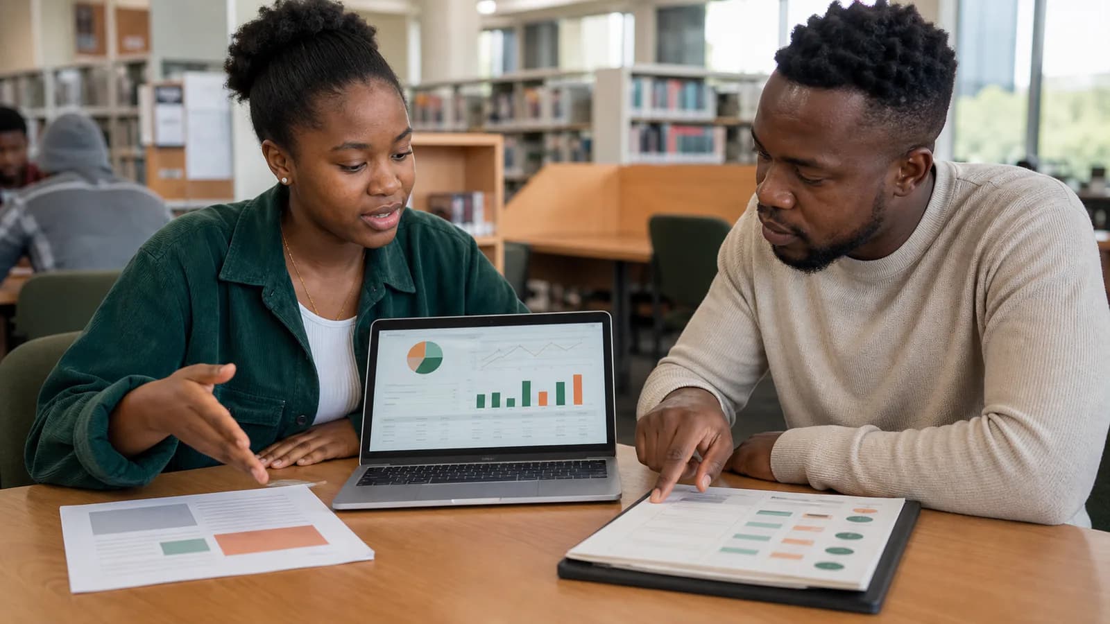 Two people reviewing charts and practical work samples together in a library