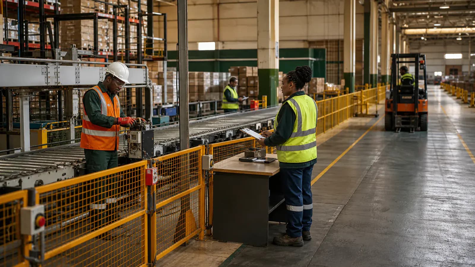 Technician maintaining a guarded conveyor while a forklift uses a separate warehouse lane