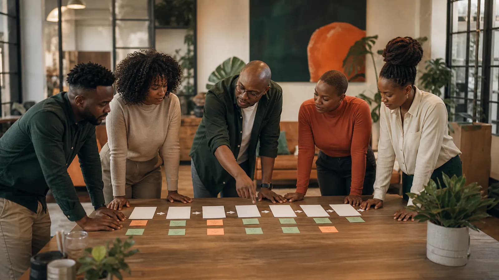 Hiring team mapping a clear sequence of blank candidate journey cards