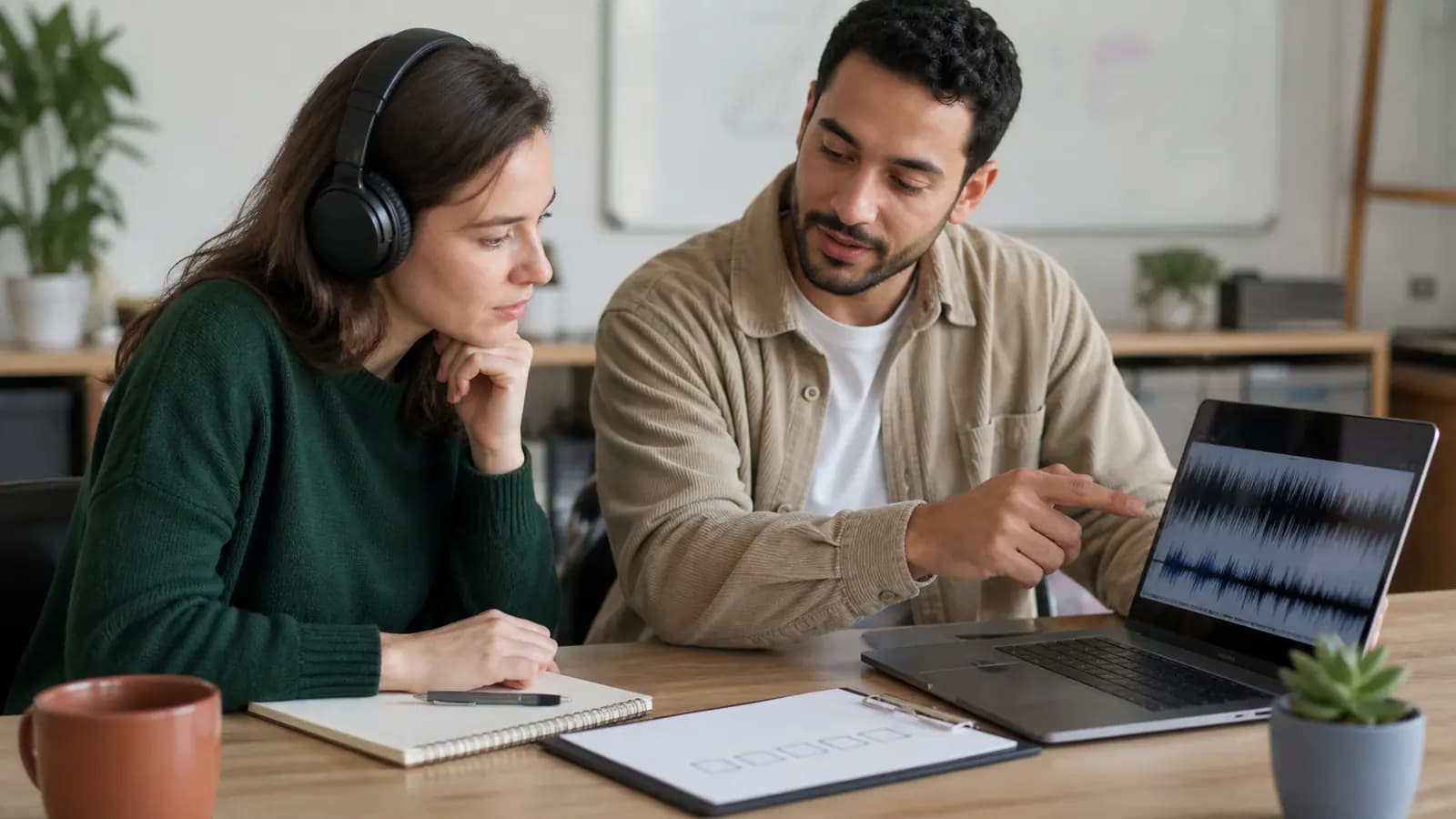 Two people reviewing an audio practice waveform beside a blank improvement checklist