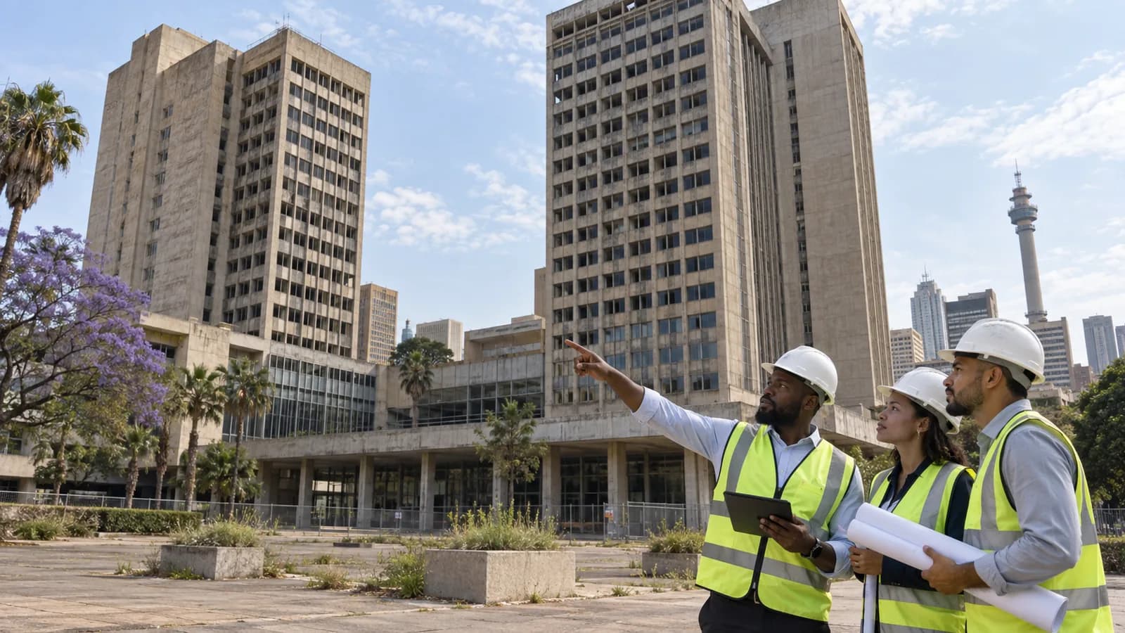 Built-environment professionals inspecting a dormant urban office-tower precinct