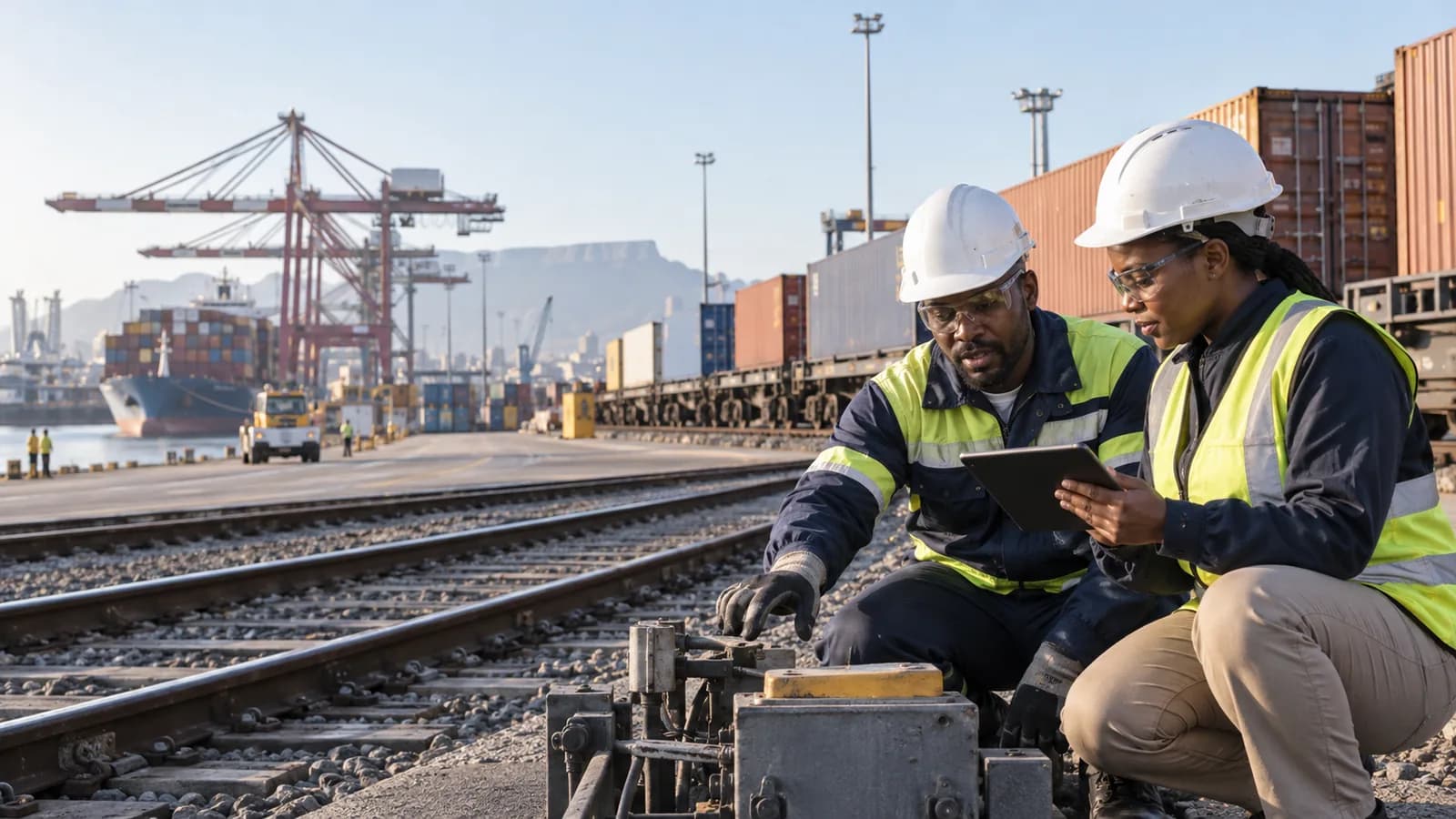 Rail maintenance and logistics professionals inspecting equipment near a South African port
