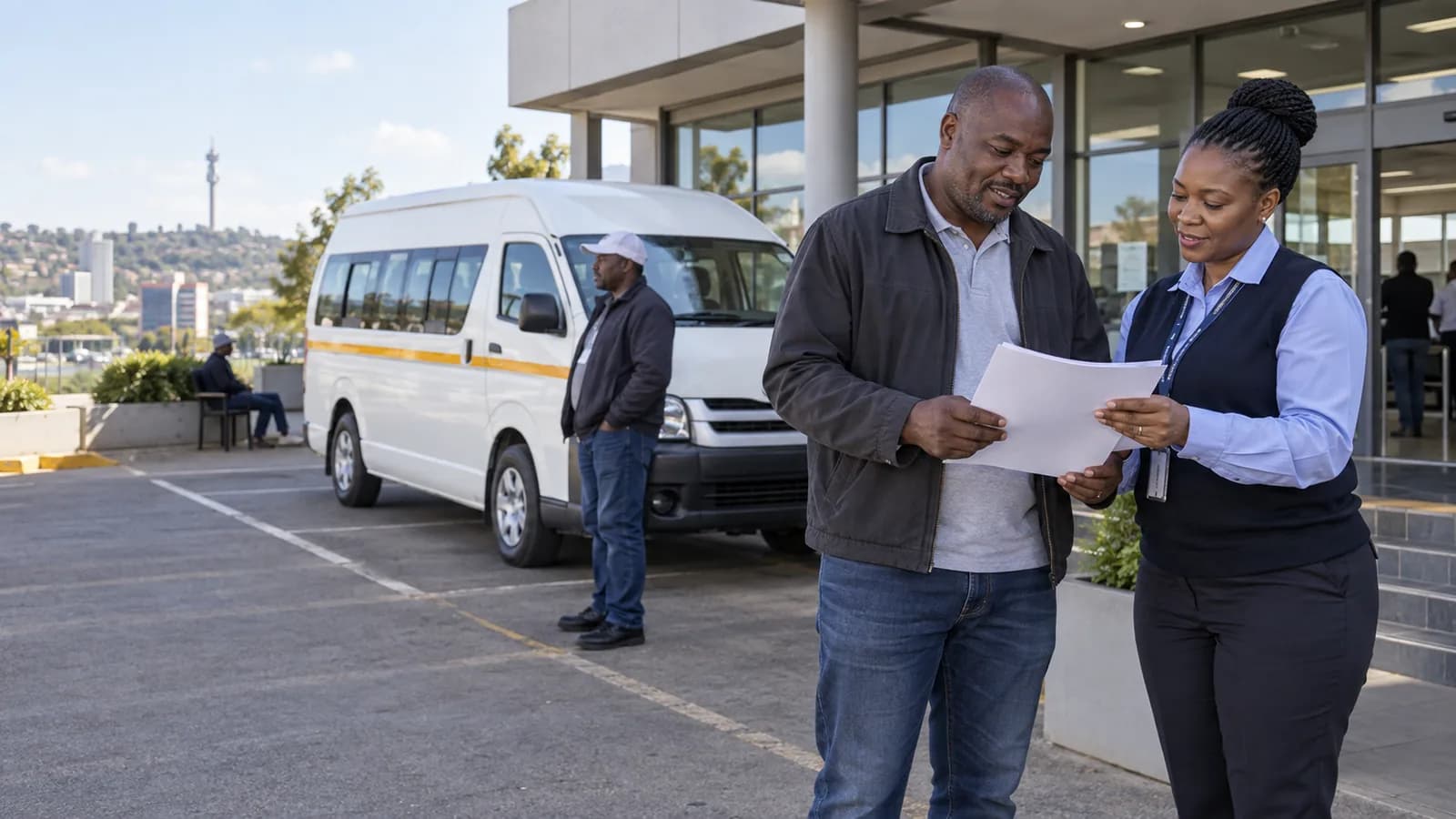 A Tshwane minibus taxi operator reviewing operating-licence paperwork with a service official
